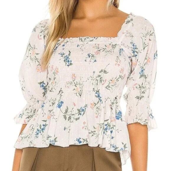 Saylor Clover Blouse Cream Multi Floral Smocked Peplum Cottage Chic Size M - Picture 3 of 7